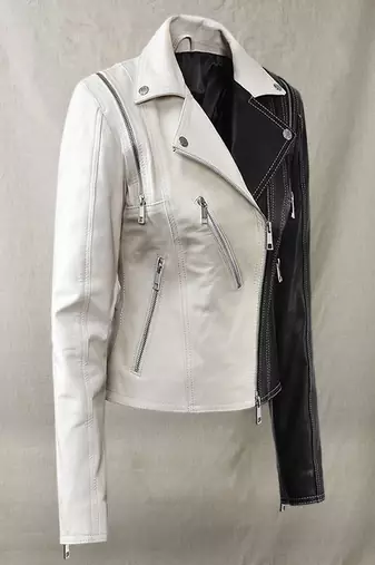 women's black and white lambskin leather jacket asymmetrical zip closure