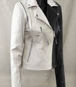 Women's  black & white  lambskin leather jacket-asymmetric zipper  style