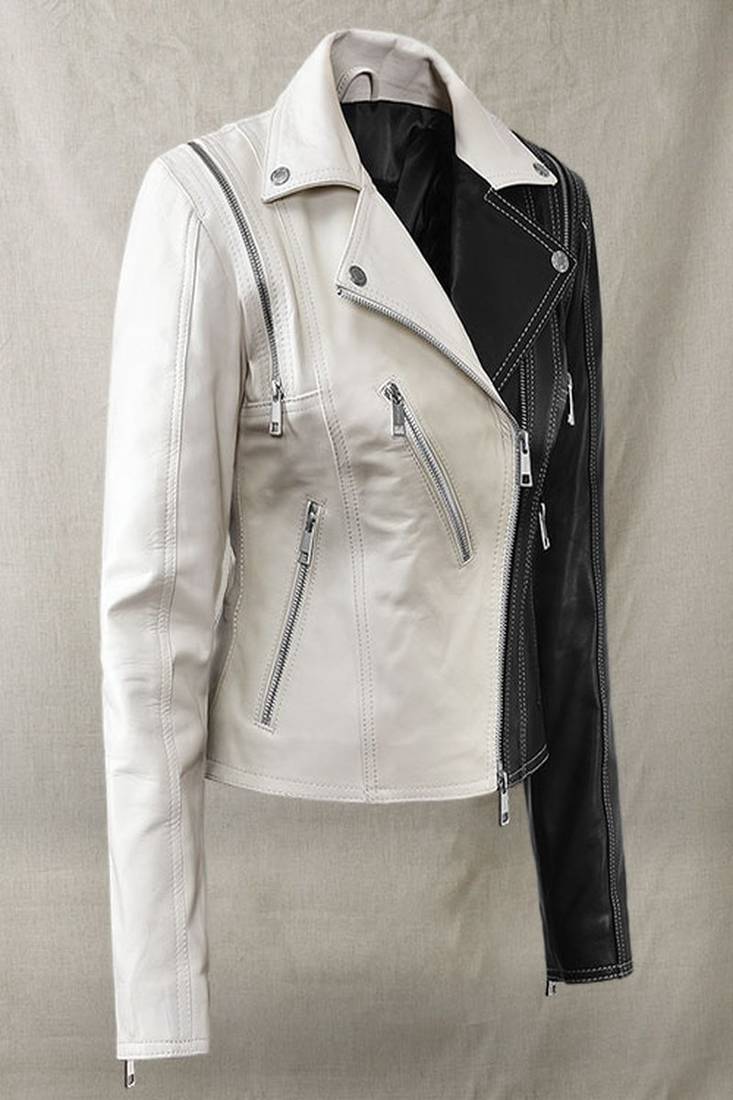Women's  black & white  lambskin leather jacket-asymmetric zipper  style