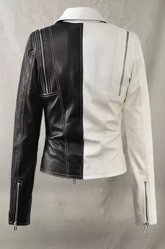 women's black and white lambskin leather jacket asymmetrical zip closure