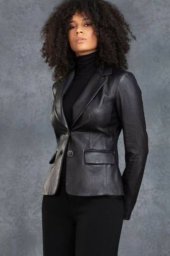 Women's  black & white strip lambskin leather jacket-2 envelope pocket & button style