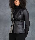 Women's  black & white strip lambskin leather jacket-2 envelope pocket & button style