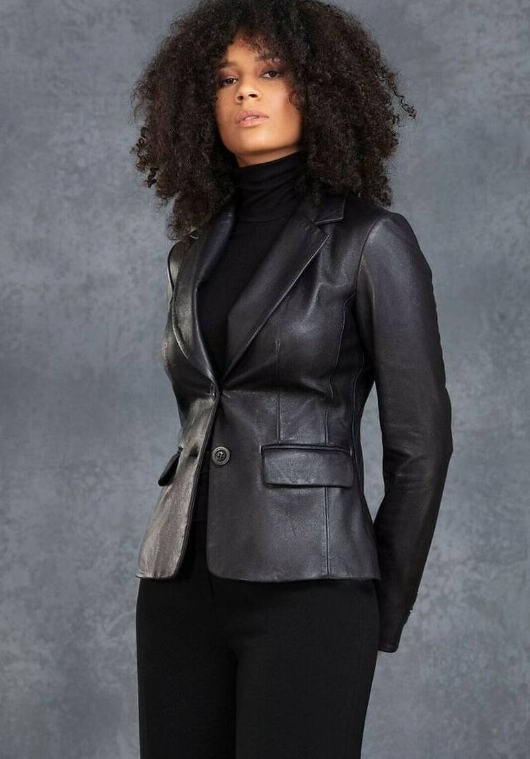 Women's  black & white strip lambskin leather jacket-2 envelope pocket & button style