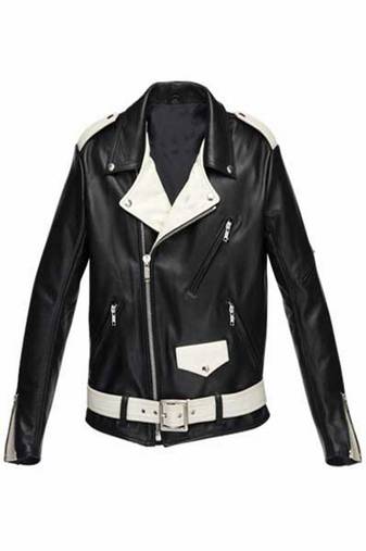 Women's  black & white strip lambskin leather jacket-asymmetric zipper & waist belt style