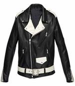 Women's  black & white strip lambskin leather jacket-asymmetric zipper & waist belt style