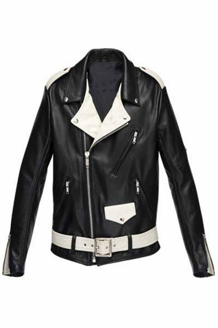 Women's  black & white strip lambskin leather jacket-asymmetric zipper & waist belt style
