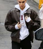 Women's  brown lambskin leather jacket-rib cuff & waist ribb style