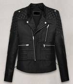 Women's  black lambskin leather jacket-asymmetric zipper & waist belt style