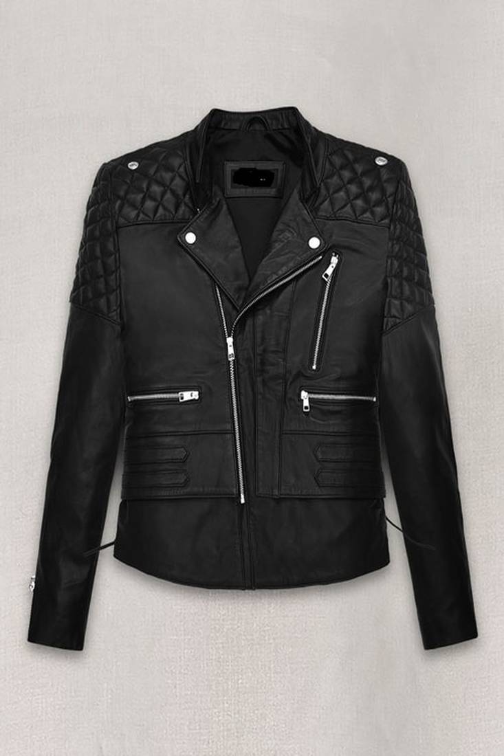 Women's  black lambskin leather jacket-asymmetric zipper & waist belt style