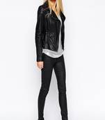 Women's  black lambskin leather jacket-asymmetric zipper & waist belt style