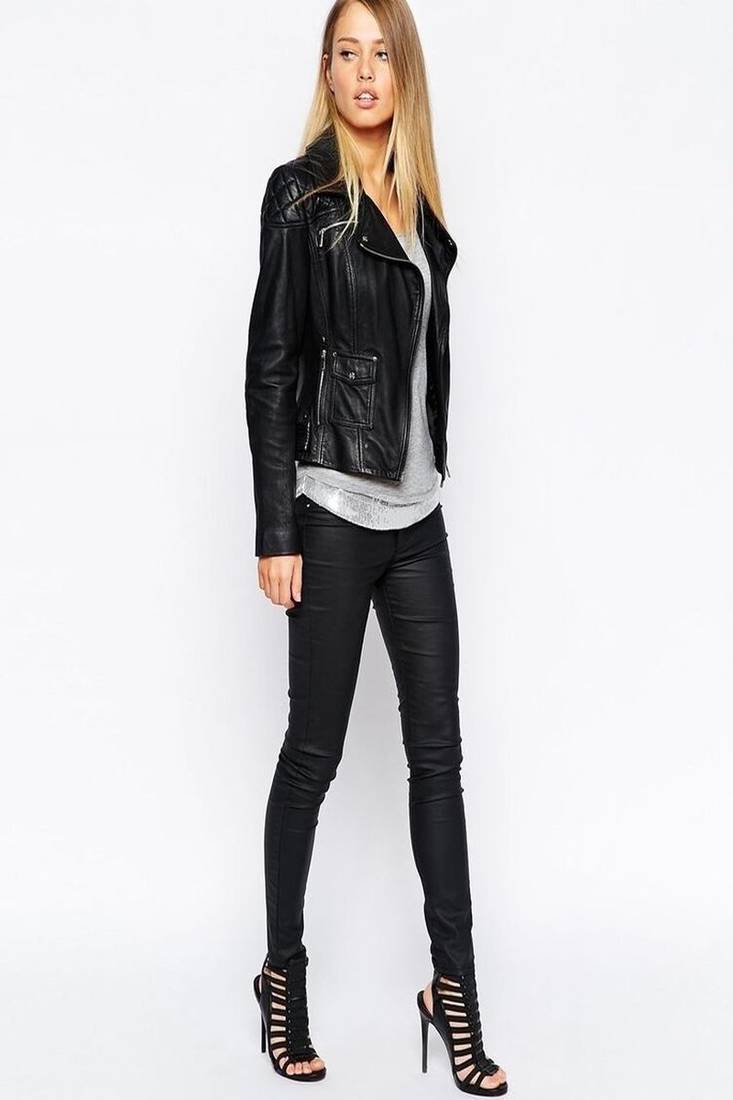 Women's  black lambskin leather jacket-asymmetric zipper & waist belt style