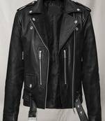 Women's  black lambskin leather jacket-asymmetric zipper & waist belt style