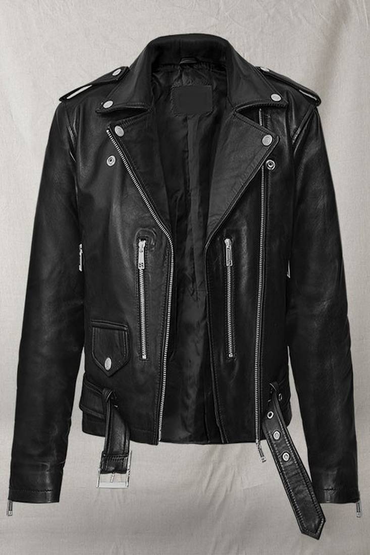 Women's  black lambskin leather jacket-asymmetric zipper & waist belt style