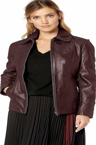 women's burgundy lambskin leather jacket classic zip up style