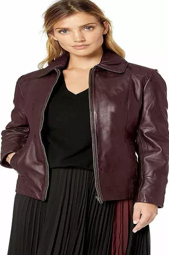 women's burgundy lambskin leather jacket classic zip up style