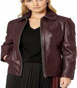 Women's burgundy lambskin leather jacket zipper style