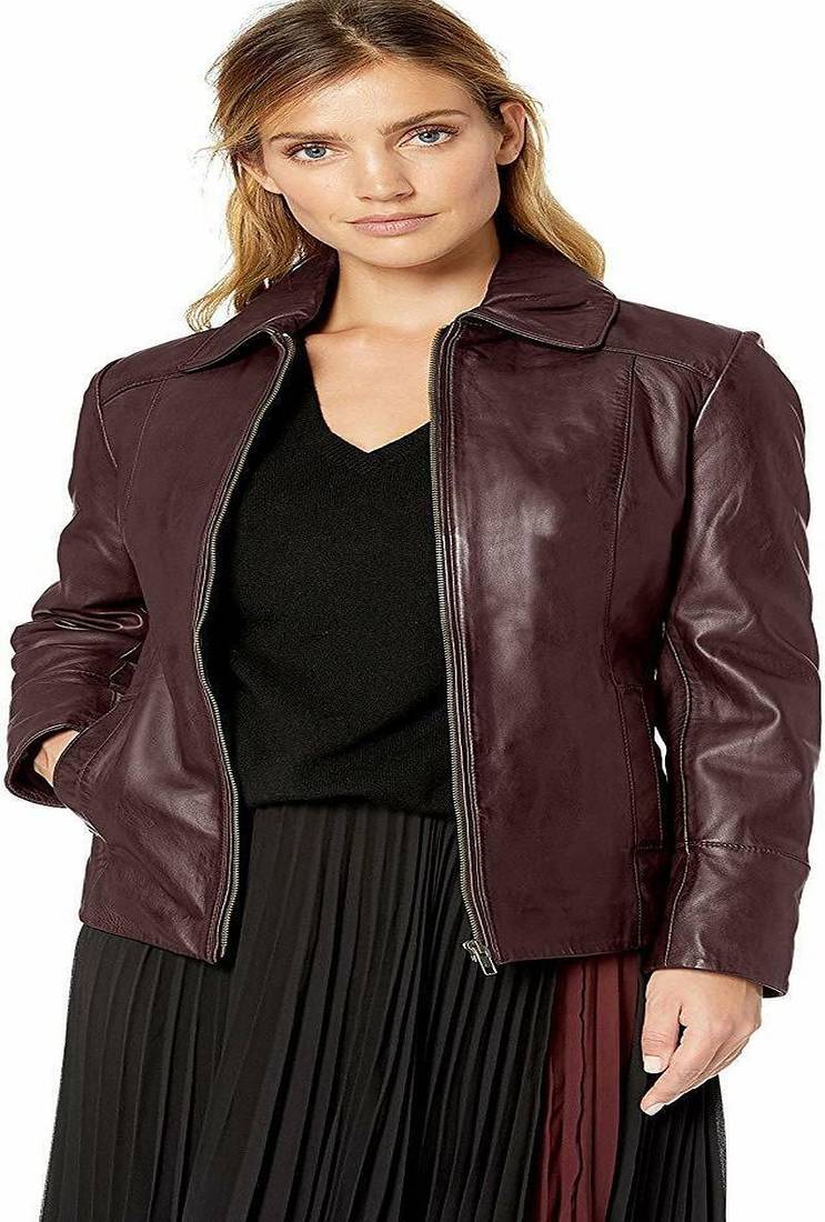 Women's burgundy lambskin leather jacket zipper style