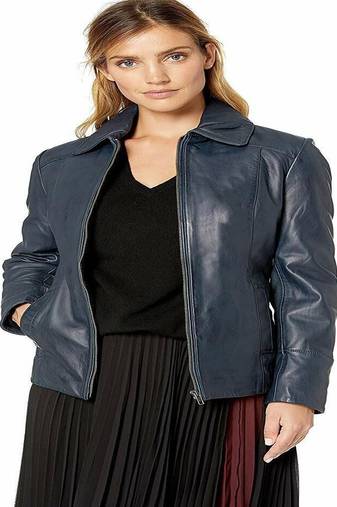 women's navy blue lambskin leather jacket classic zip up style premium