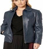 Women's  navy blue lambskin leather jacket zipper style