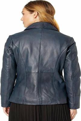 women's navy blue lambskin leather jacket classic zip up style premium 2