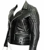 Women's  black lambskin leather jacket-asymmetric zipper & waist belt style