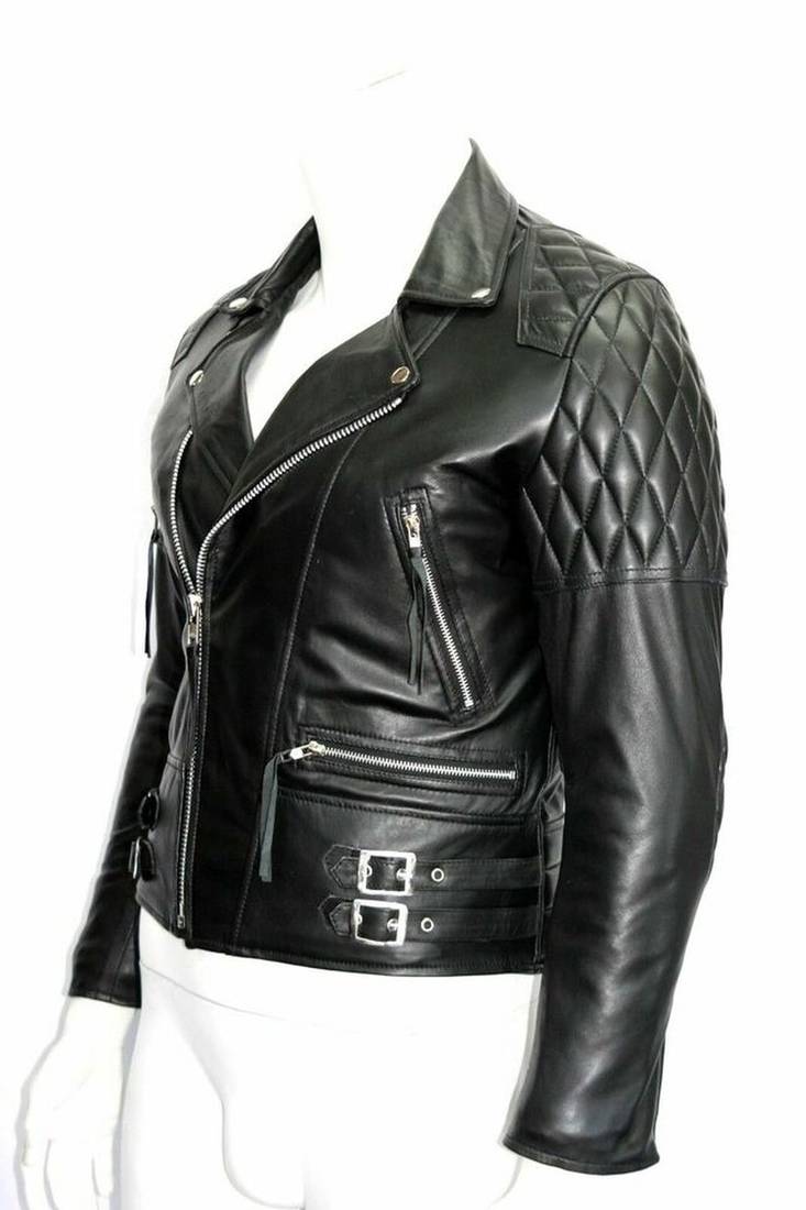 Women's  black lambskin leather jacket-asymmetric zipper & waist belt style