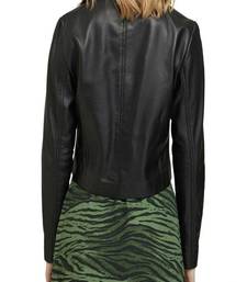 Women's  black lambskin leather jacket-button detail style