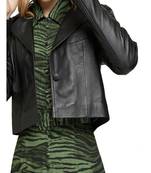 Women's  black lambskin leather jacket-button detail style