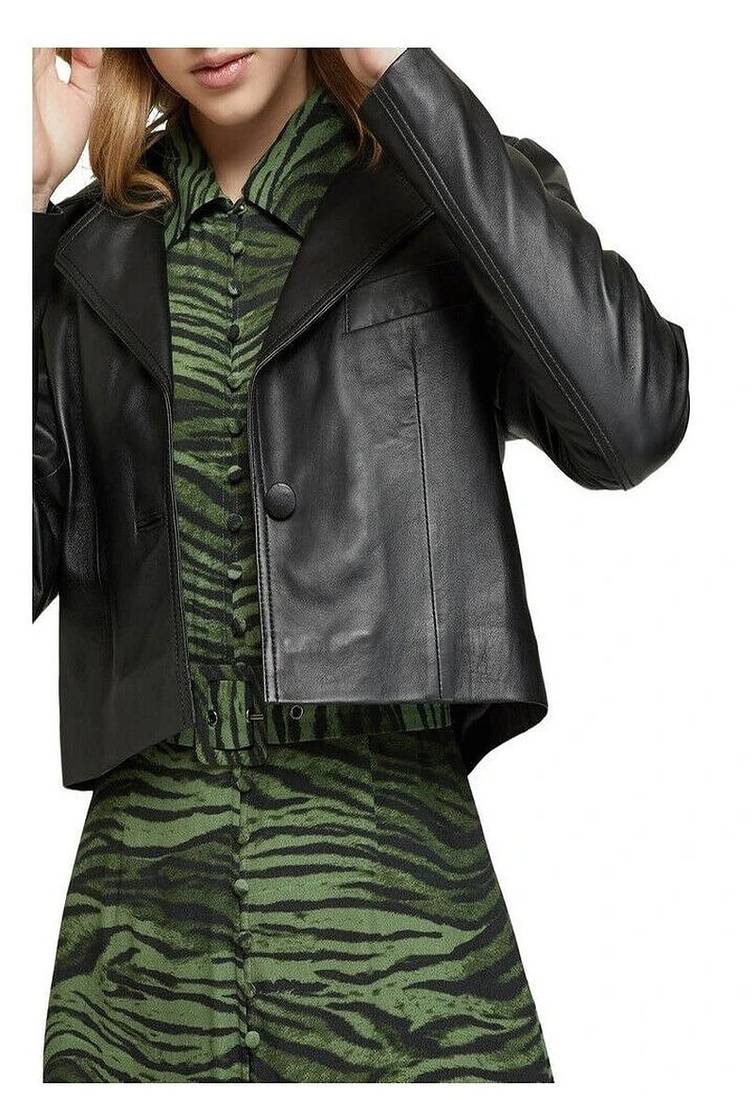 Women's  black lambskin leather jacket-button detail style