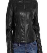 Women's  black lambskin leather jacket-straight zipper&  café racer  style