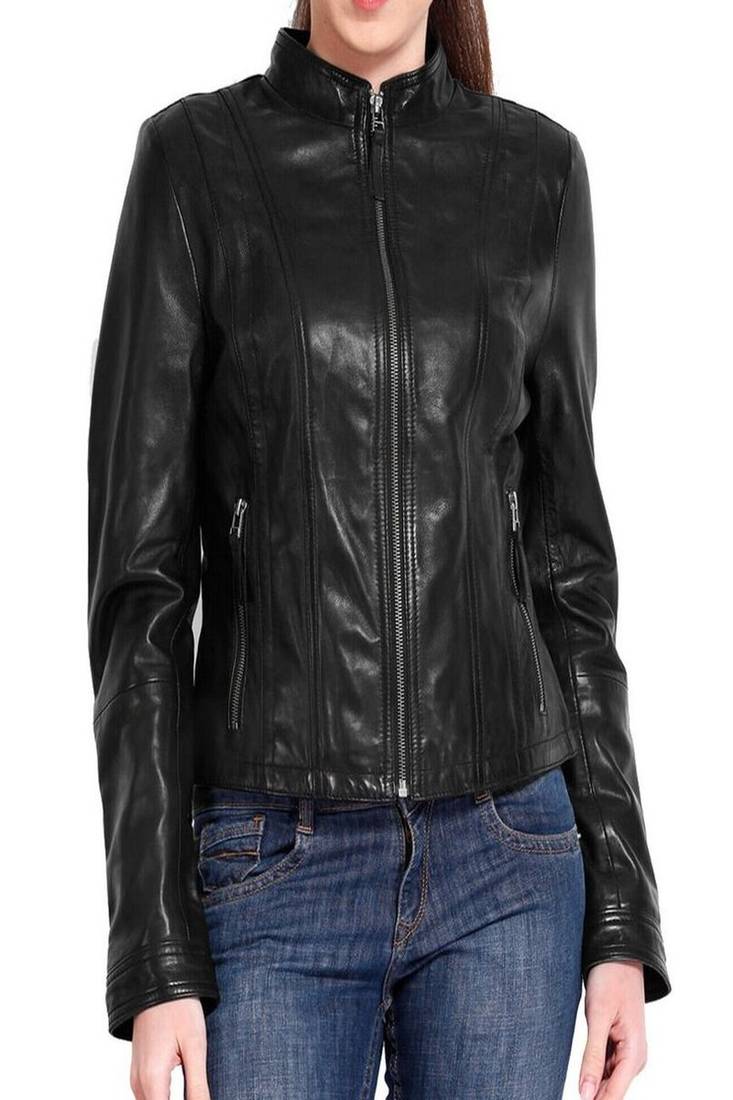 Women's  black lambskin leather jacket-straight zipper&  café racer  style