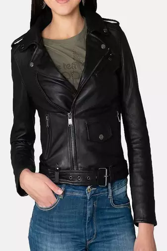women's black premium lambskin leather jacket asymmetrical zip closure stylish