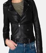 Women's  black lambskin leather jacket-asymmetric zipper & waist belt style
