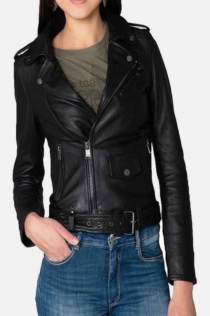Women's  black lambskin leather jacket-asymmetric zipper & waist belt style
