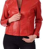 Women's  red lambskin leather jacket-straight zipper style