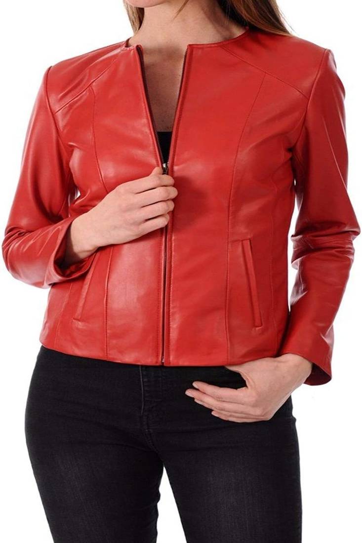 Women's  red lambskin leather jacket-straight zipper style