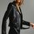 Women's  black lambskin leather jacket-asymmetric zipper & waist belt style