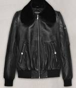 Women's  black lambskin leather jack et- silver-straight zipper & feather collar   style
