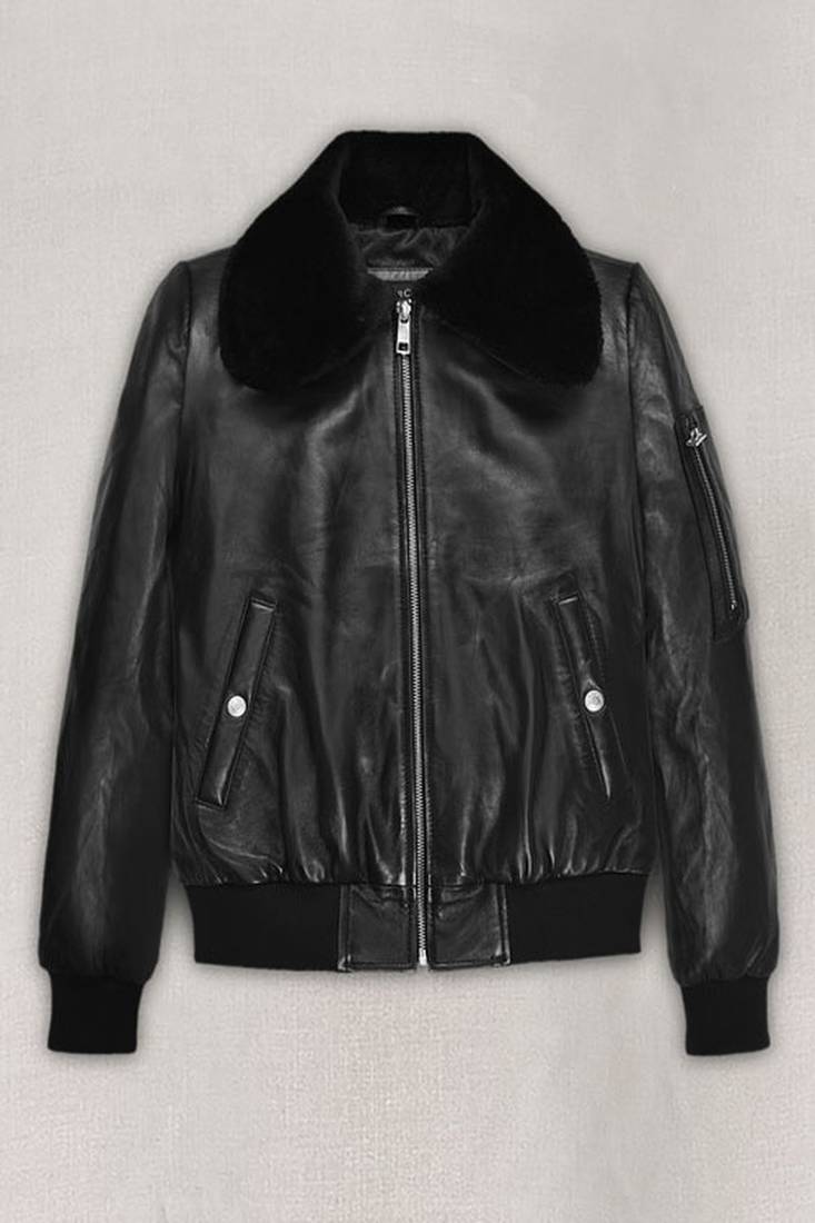 Women's  black lambskin leather jack et- silver-straight zipper & feather collar   style