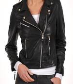 Women's  black lambskin leather jack et- silver-zippered pockets & shoulder tag  style