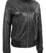 Women's  black lambskin leather jacket- straight zipp & ribb cuff detail style