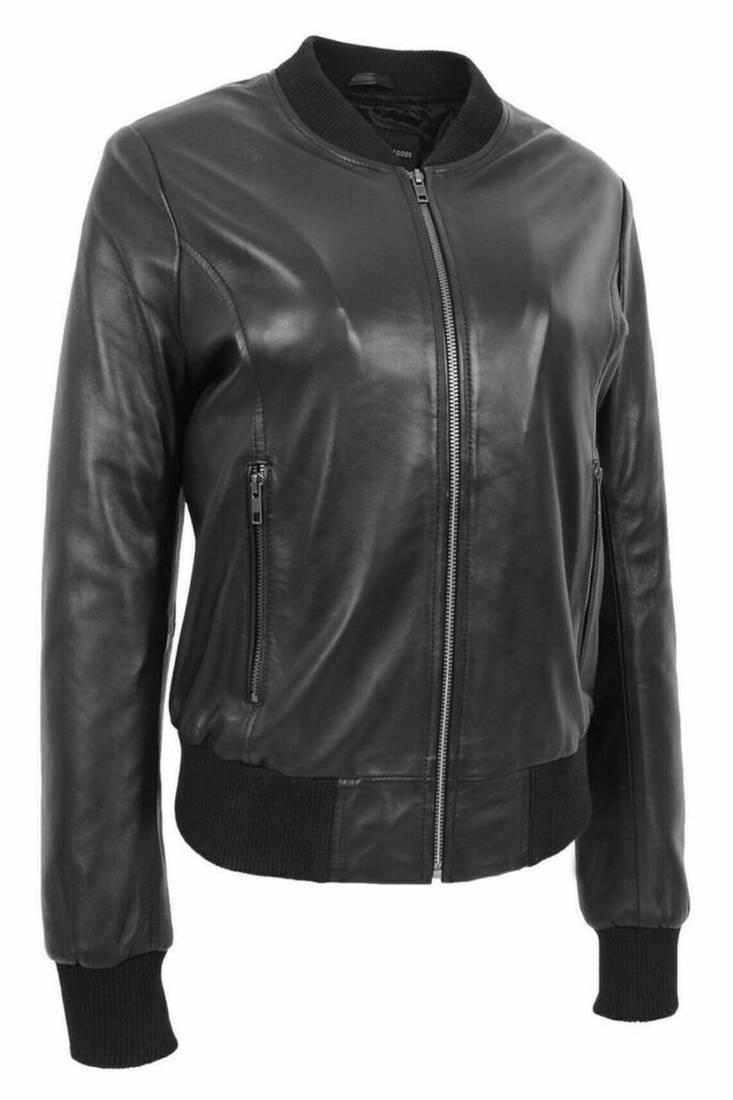 Women's  black lambskin leather jacket- straight zipp & ribb cuff detail style