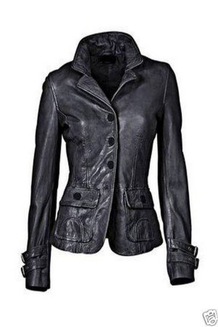 Women's  black lambskin leather jacket-2 envelope pocket & buton detail style