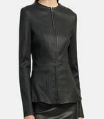 Women's  black lambskin leather jacket-straight zipper & flare waist style