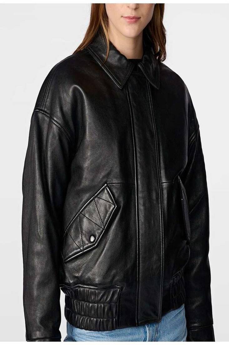 Women's  black lambskin leather jacket-2 envelope pocket & waist ribb belt style