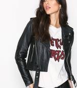 Women's  black lambskin leather jacket-asymmetric zipper & waist belt style