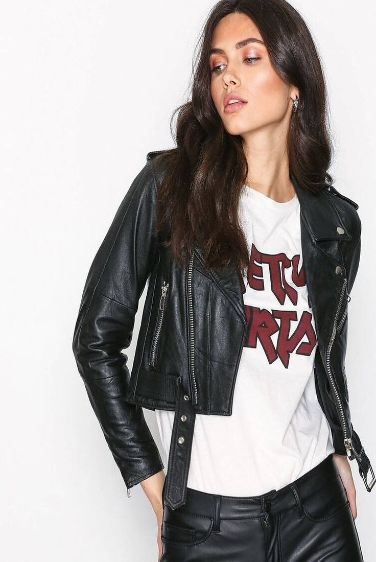 Women's  black lambskin leather jacket-asymmetric zipper & waist belt style