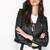 Women's  black lambskin leather jacket-asymmetric zipper & waist belt style