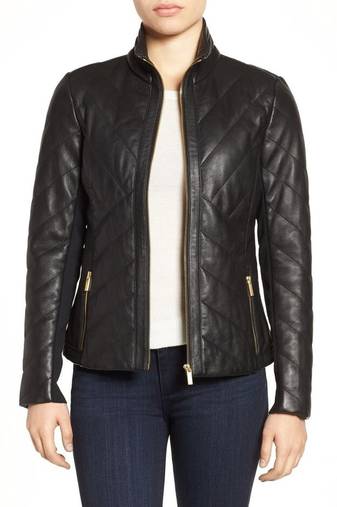 Women's  black  lambskin leather jacket-straight zipper & quilted jacket style