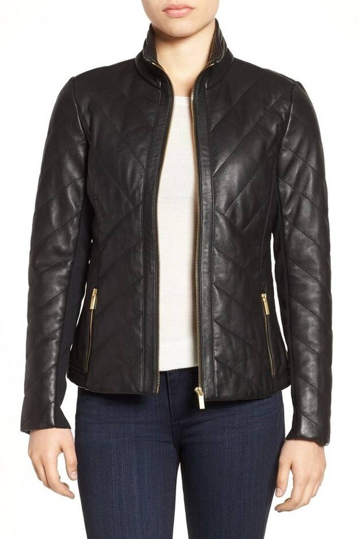 Women's  black  lambskin leather jacket-straight zipper & quilted jacket style